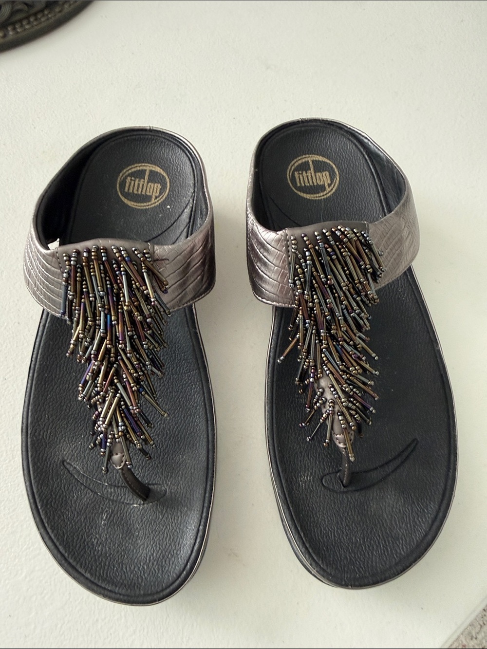 Fitflop Metallic Gunmetal Beaded Fringe Toe-Post Sandals